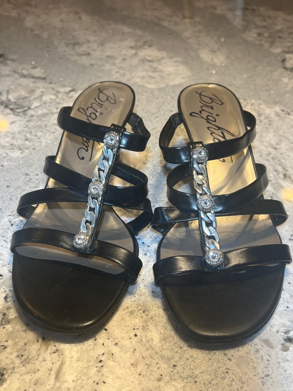 Brighton Tesoro Black Leather Jeweled Kitten Heel Sandals Size 9